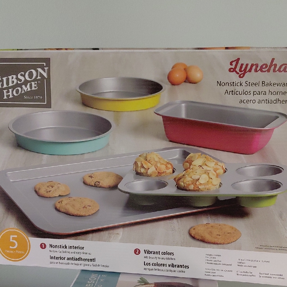 Gibson 5-Piece Nonstick Bakeware Set in Yellow, Teal & Pink